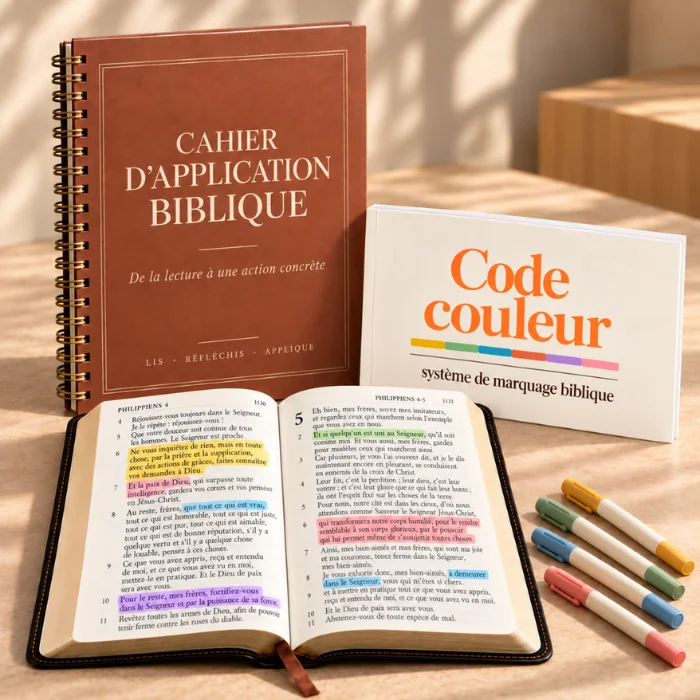 Pack réunissant le Code Couleur et le Cahier de mise en pratique biblique, à côté d’une Bible ouverte avec des versets surlignés et des surligneurs de couleur.